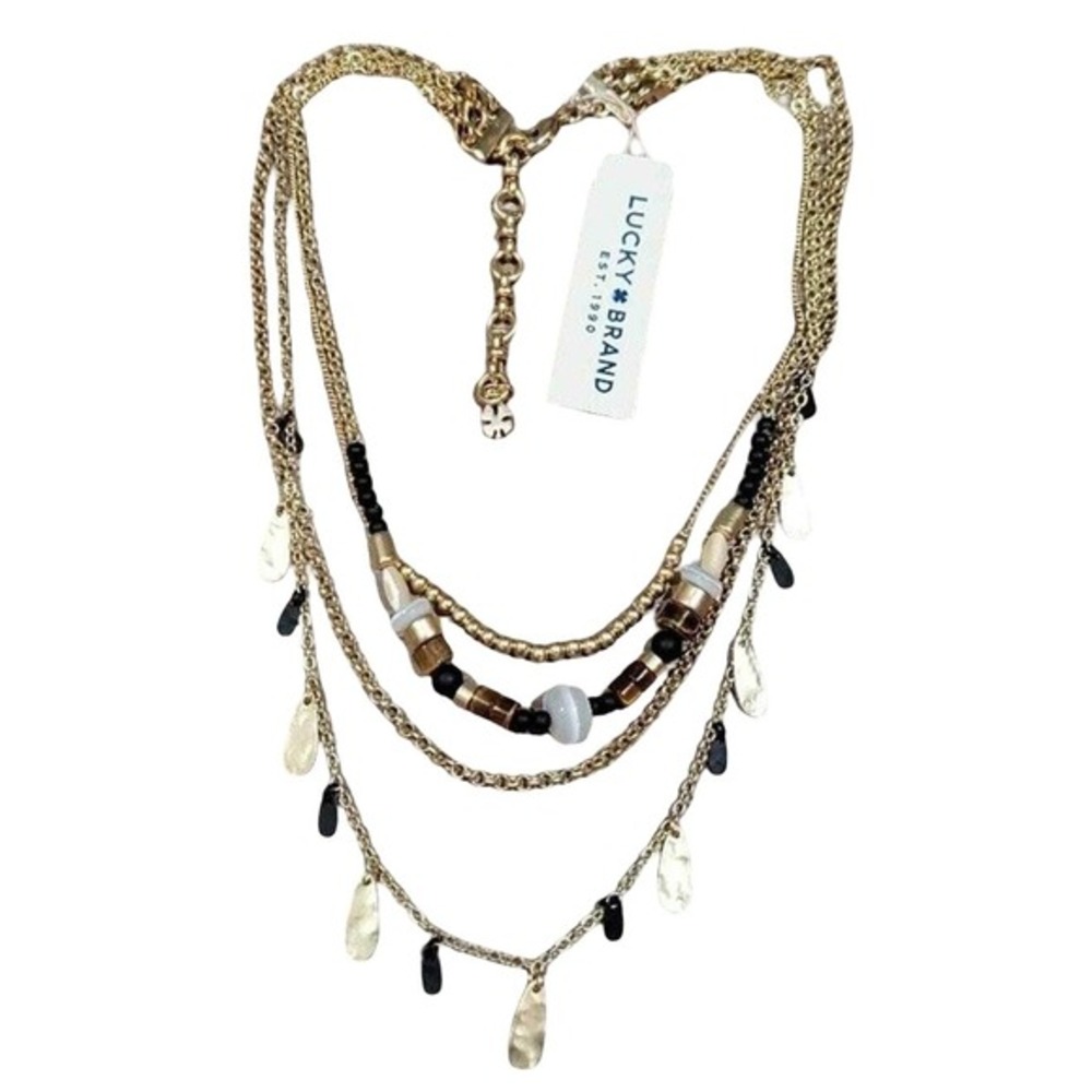 Lucky Brand Gold Tone Layered Multi Strand Beaded Hammered Charm Necklace NWT
